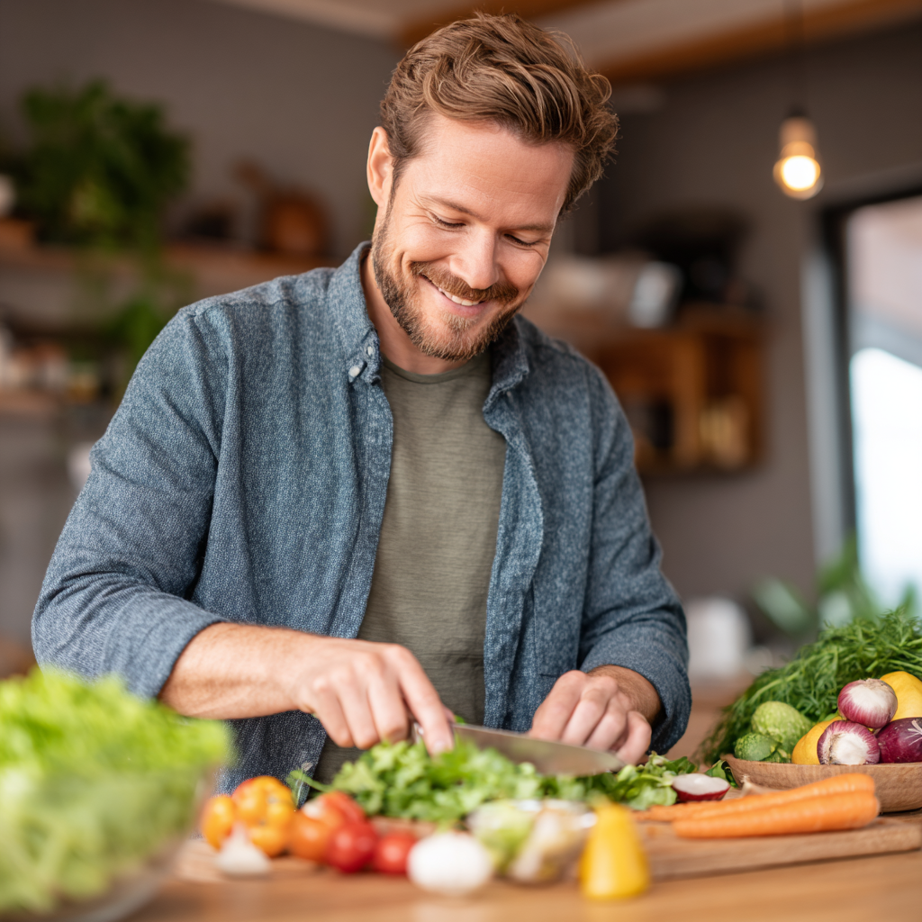 Чоловік європейського типу віком 45-50 років виконує вправи для зміцнення суглобів на природі, демонструючи здоровий спосіб життя