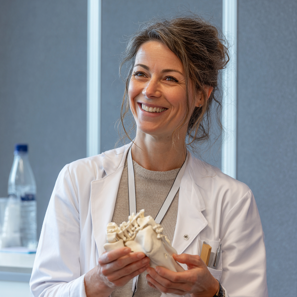 Жінка європейського типу віком 40-45 років у білому халаті демонструє anatомічну модель суглоба, усміхаючись та пояснюючи основи здоров'я опорно-рухового апарату